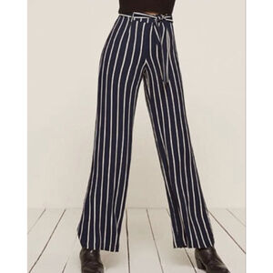 Reformation Belmont Size 8 Wide Leg Black White Striped Pants Belted Lightweight